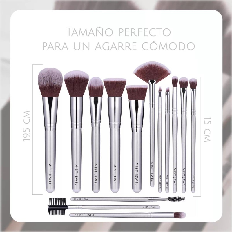 Mist Jewel Brochas De Maquillaje 14 Piezas Plateadas Pelo Sintetico