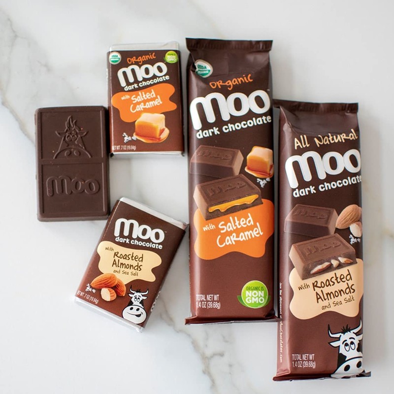 Moo Chocolates Organic Dark Chocolate Mini Bars with Salted Caramel