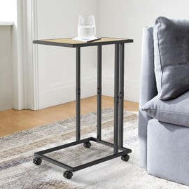 VAMFUTRE C-Shape End Table with Wheels & Locking Brakes – Portable Mobile Side Table, Rolling Nightstand for Living Room, Bedroom, Office,Space-Saving Design and Beige Wood Grain Finish