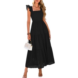 PRETTYGARDEN Womens Summer Square Neck Maxi Dresses Cap Sleeve Eyelet Smocked Tiered A Line Flowy Long Dress with Pockets (Black,Medium)