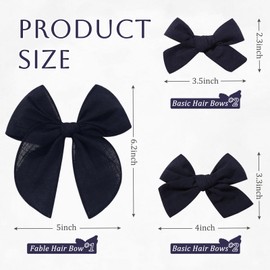 YHXX YLEN 5PCS Navy Blue Cotton Linen Hair Bows for Girls Handmade Alligator Clip Hair Accessories for Babies Infant Toddlers Kids(5inch×1, 4inch×2, 3.5inch×2)