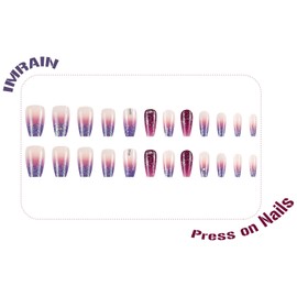 IMRAIN Purple Press on Nails Medium Coffin Fake Nails Gradient Acrylic False Nails with Glitter Designs Full Cover Glossy Glue on Nails for Women Ballerina Stick on Nails 24Pcs