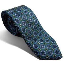 Potomac Tie Company Green & Blue Floral Medallion Heavy Silk Twill Tie (Handmade in Italy)
