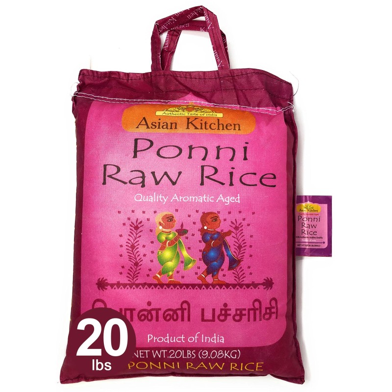 Asian Kitchen Ponni Raw Rice 20-Pound Bag, 20lbs (9.08kg) Short