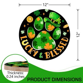 Deroro St Patricks Day Dog Cat Paw Prints Front Door Sign, Lucky Blessed Black Wood Door Hanger Outdoor Outside Porch Decor, Spring Irish Shamrock Clover Wooden Wreath Indoor Wall Hanging Decoration