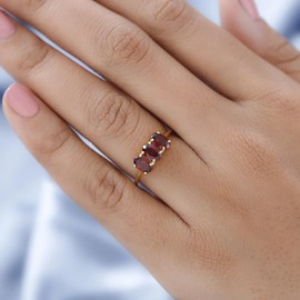 TJC Garnet Trilogy Ring for Women in 14ct Gold Plated 925 Sterling Silver Size P Prongs Setting January Birthstone Metal Wt. 1.1 Grams