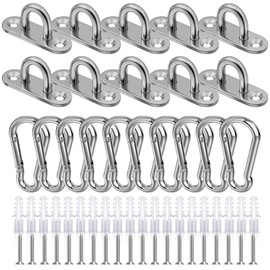 Eye Plate with Eyelet, Pack of 10, M5 Eye Plate Stainless Steel and Carabiner Hook, U-Shaped Wall Eyelet, Wall Hooks for Hanging, Ceiling Hooks, Heavy Duty Stainless Steel Eyelet Plate, Hammocks