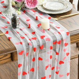 Artoid Mode White and Red Heart Gauze Table Runner 120 Inch 10FT, Mother's Day Sheer Chiffon Cheesecloth Dining Anniversary Wedding Table Decor for Home Party