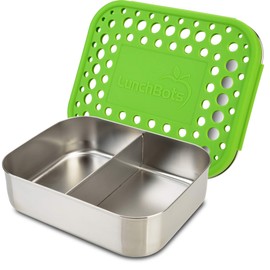 LunchBots Medium Duo Snack Container - Divided Stainless Steel Food Container - Two Sections for Half Sandwich and a Side - Eco-Friendly - Dishwasher Safe - Stainless Lid - Green Dots