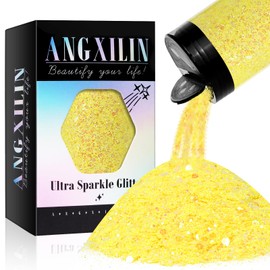 ANGXILIN Holographic Chunky Glitter, 190g/6.7oz Chunky and Fine Mixed Craft Glitter, Bulk Laser Sequin Glitter for Face Body Nail Art,Epoxy Resin Tumbler Jewelry Making Glitter (IRI Lemon Yellow)