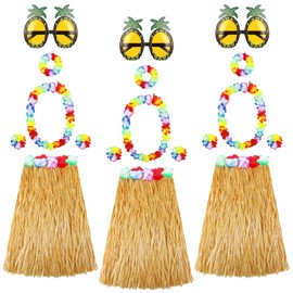 ADXCO 18 Pack Brown Hawaiian Grass Hula Skirt Costume Accessory Set Adult Women Men Luau Costume Hibiscus Leis Pineapple Glasses Aloha Tropical Party Decorations for Summer Party