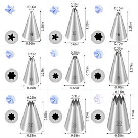 Open Star Piping Tips Set, 9 Piece Stainless Steel Star Piping Tips Set French Stars Tube Frosting Nozzle Kit Stars Pastry Tip for Cakes Cupcakes Cookies Decorating, Small Size 14-22