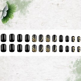 Press on Nails Short Length Black False Nails with Gold Lines Design Square Nails Full Cover Glossy Acrylic Nails French Artificial Stick on Nails Reusable Glue on Nails for Women Manicure Kit