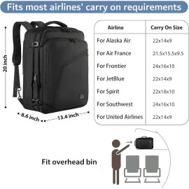 Unbranded 45L Black Backpack, Large Carry on Backpack Travel Expandable Weekender Business