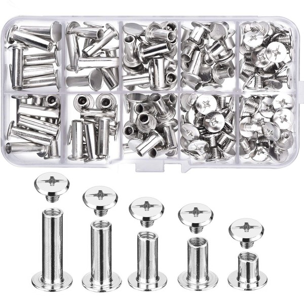 80 Set Chicago Binding Screws Assorted Kit 5 Sizes Metal Round Cross Head Stud Screw Posts Nail Rivet Chicago Button for DIY Leather Decoration Bookbinding