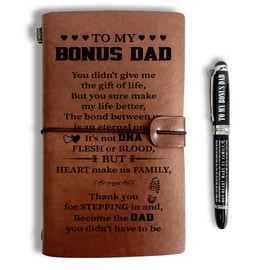 Bonus Dad Leather Journal, Engraved Gift Pen, Roller Ballpen, Bonus Dad Stepdad Best Dad Ever Gifts, Leather Notebook and Pen Gift for Dad, 160 Pages Notebook, Fathers Day Birthday Christmas Gift-E8