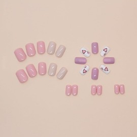 Generic Valentine Nails: 24Pcs Short Square Pink ABS Acrylic False Nails with Hearts Design, Full Cover Glossy Press On Nails, DIY Manicure Kit