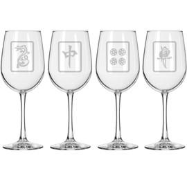 MIP Set of 4 Wine Glass for Red or White Wine Gift Mahjong Tiles Collection (16 oz Tall Stemmed)