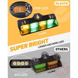 HLauto 2002L Emergency Dash Strobe Lights: 2x8.5 inch Amber Green Safety Lights, 48 LED Flashing Warning Hazard Windshield Visor Traffic Light Bars for Trucks, Construction Vehicles