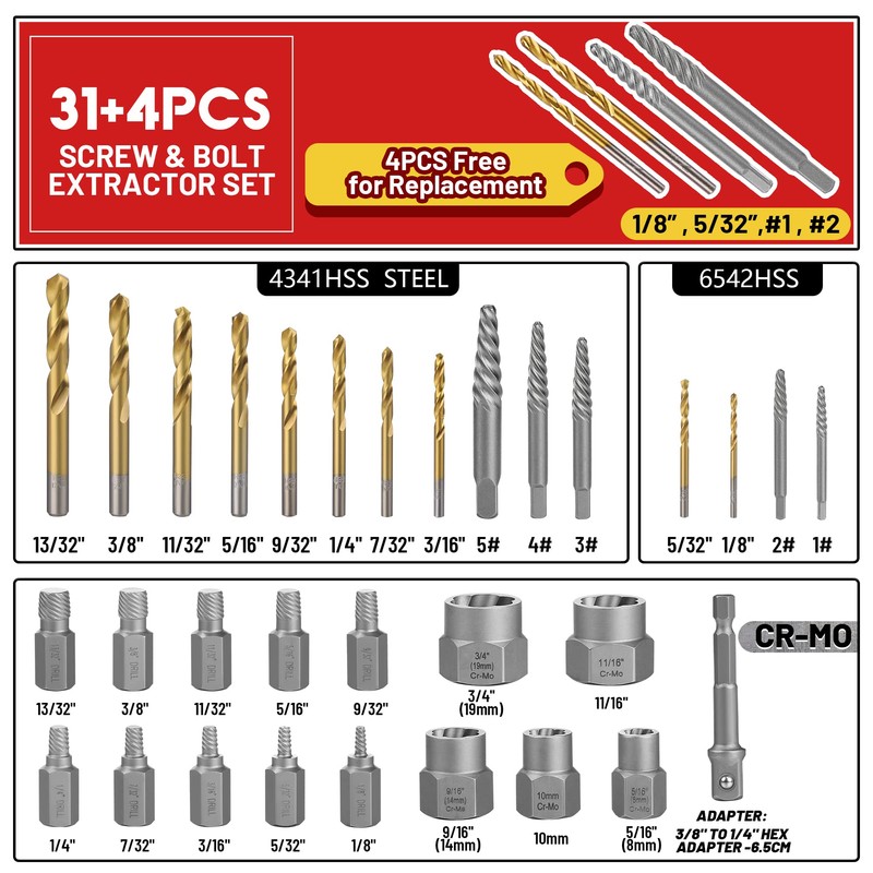 UYECOVE 35 Pcs Spiral Screw Extractor Bolt Extractor Set, 6542/4341