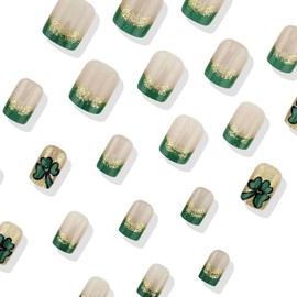 24Pcs St. Patrick's Day Shamrock Press on Nails French Tip Short Fake Nails with Gold Glitter Short Square Nails Tip Full Cover Stick on Nails Irish Clover Acrylic Nails for Women DIY Manicure Design