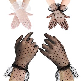 Amacoam 2 Pairs of Lace Gloves Women's Lace Gloves Short Wedding Gloves Bridal Gloves with Bow Mesh Gloves Fancy Dress Party Costume Accessories Wedding Parties Bridal Lace Glove, black, M