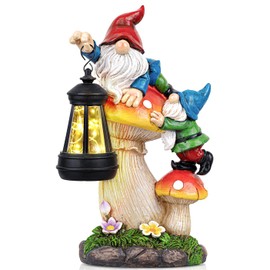 TIJNN Solar Garden Statue Gnomes Figurine Lights,Funny Gnomes Standing on Mushrooms with Lanterns, with Lanterns Outdoor Yard Decorations for Patio Porch Home, Garden Gifts for Women Mom