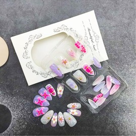 30Pcs Handmade Press on Nails Medium Almond Fake Nails with Designs 3D Cute Flower Acrylic Nails Gold Bead Glue on Nail Full Cover Colorful Floral False Nail for Women Manicure Decorations