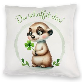 speecheese Meerkat with Clover Leaf Cuddly Cushion with Saying Du schaffst das Glücksbringer Cute Plant-Loving Animal with Clover Leaf in Hand Green