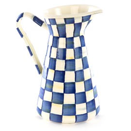 MACKENZIE-CHILDS Practical Enamel Pitcher with Spout, Drink Pitcher for Iced Tea or Water, Flower Vase, Large, Blue-and-White Royal Check