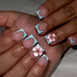 Viugex 24Pcs Blue French Tip Press on Nails, Acrylic False Nails Short Square Glossy Fake Nail Kit, Natural Glue on Nail with 3D Flowers, Reusable Gel Stick on Nails for Women Girls Manicure Art