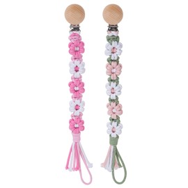 Symbolife Pacifier Clip for Boys Girls Floral Daisy Macrame Baby Paci Clip Pacifier Holder Leash Boho Wooden Clips Handmade Braided Cotton Binky Clips (2pack:Pink & Green Daisy)