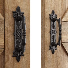 SMARTSTANDARD Heavy Duty 9" Antique Barn Door Handle Set of 2, Large Rustic Carved Door Pull, for Gates Garages Sheds, Black Powder Coated Finish