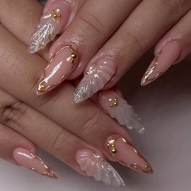 MERVF Almond Press on Nails Medium Fake Nail Glitter French Tip Glue ons 3D Gold Stiletto Acrylic Shell Design Art Pearls Handmade Sand Manicure Glossy 24pcs