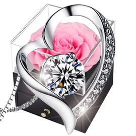 Preseved Rose Box for Mother's Day Gifts,Forever Pink Rose Jewelry Gift Box, Enchanted Real Rose with 925 Sterling Silver heart Necklace, Eternal Flower for Mum Wife Girlfriend Her On Birthday.