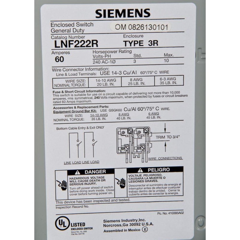 60 Amp Non Fusible Safety Switch