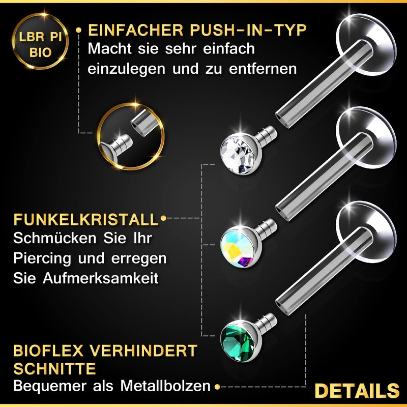 KJM Fashion Bioflex Labret 1.2 mm 16 g Crystal Ball
