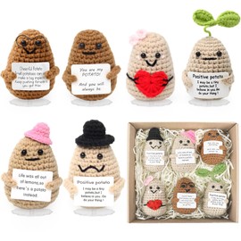 ZCOINS 6 Pcs Crochet Emotional Support Positive Potato for Women, Small Plush Novelty Funny Emotional Support Potato Pickle Toys with Positive Note for Desk Home Decor Birthday Valentines Gift