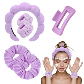 Spa Headbands for Women, 1 Makeup Headband and 2 Wrist Wash Band and 2 Hair Ties and 1 Hair Claw Clip Set for Face Washing, Skin Care, Shower, Makeup Removal (Purple)