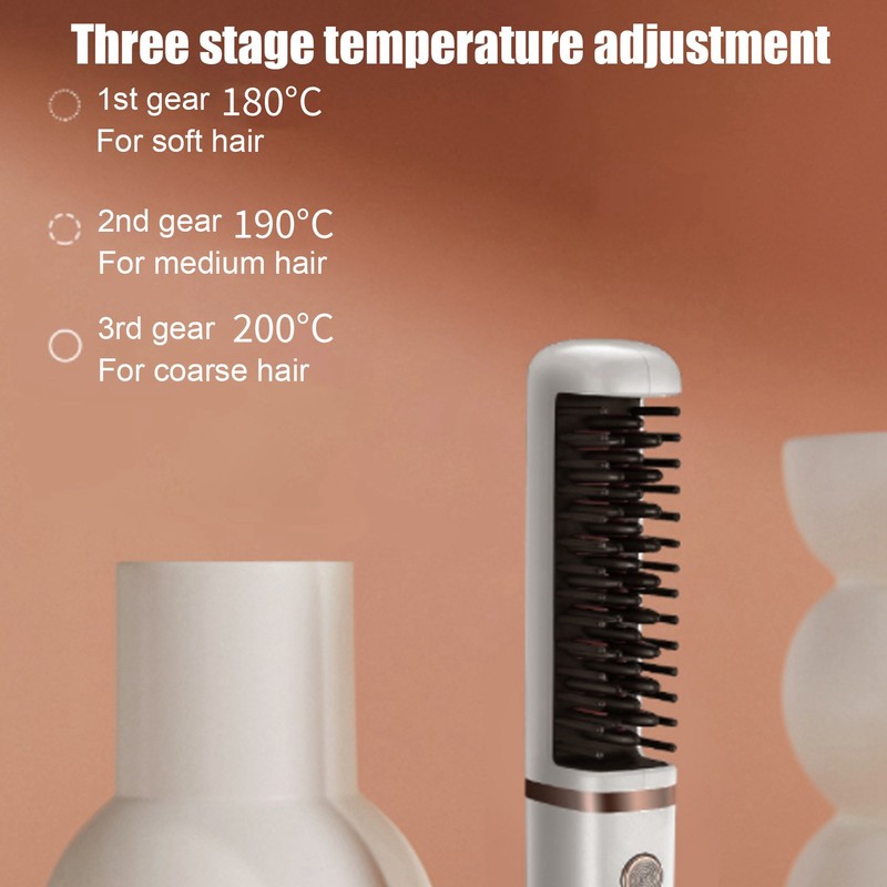 Hair Straightener Brush USB Rechargeable Hair Straightening Curling Brush Pearl