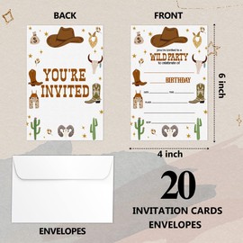 HOUSPEAK Wild West Modern Birthday Fill-in Invitations Cards with Envelopes (20 Count)，Cowboy Rodeo Birthday Party Supplies Decorations, Birthday invites for Boys/Girls - A60
