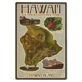 Lantern Press 6x9 Inch Wood Sign, Ready to Hang Wall Decor, Hawaii Volcanoes National Park, Map of Hawaii