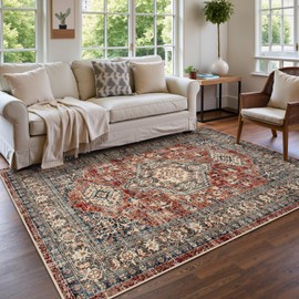Lahome Oriental Washable Rugs for Living Room, 5x7 Area Rugs for Bedroom Ultra-Thin Non-Slip, Stain Resistant Vintage Low-Pile Throw Carpet for ‎Dining Room Office, Brick Red