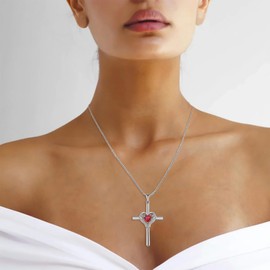 Oskani Cross Necklace for Women 925 Sterling Silver Heart July Birthstone Ruby Color Angel Wing Cross Pendant Necklace Cubic zirconia Faith Dainty jewelry Valentines Day Birthday Gifts for Wife Her