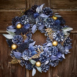 34cm Pastel Blue Pine Cone Hanging Winter Wreath Door Decoration