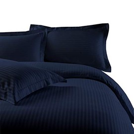 sheetsnthings Striped 300 Thread Count 100% Cotton 7PC Queen Size Bedding Set (Navy) 4PC Bed Sheets and 3PC Duvet Cover Set
