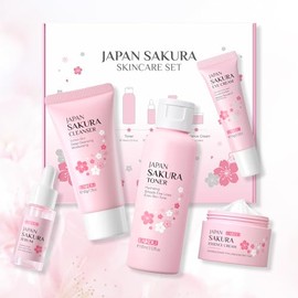 Sakura Gesichtspflege Set, 5 Stück hautpflege frauen feuchtigkeit, mit Gesichtsreinigung, Toner, Augencreme, Serum, Gesichtscreme, für Gesichts,Tagespflege und Nachtpflege Skincare Set (Standardgröße)