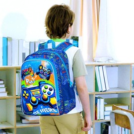 FTJCF Gamer Backpack for Boys, 16" Kids Bookbag with Lunch Box, 3Pcs Gaming School Backpacks for Elementary Preschool Kindergarten (Blue)