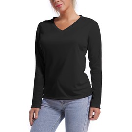 BUBBLELIME Women's UPF 50+ Sun Protection Athletic T-Shirt Workout Tops - V Neck Long Sleeve_Black XX-Large