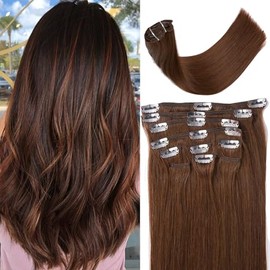 Extensiones de Cabello Humano con Clip 14 Pulgadas, Largo Final 16 Pulgadas, 10 Piezas 85g, Cabello Lacio Remy, Doble Trama, Color #3 Dark Brown